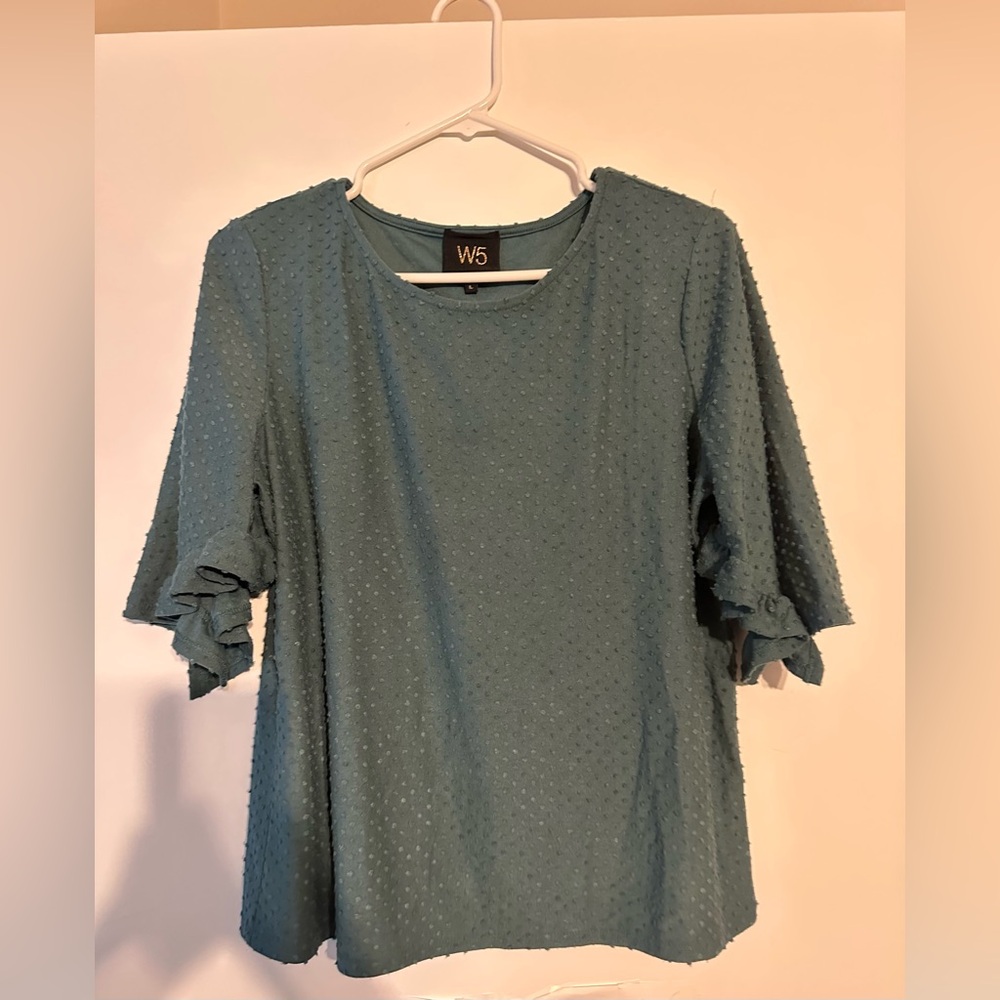 W5 Forrest Green Textured Blouse with Ruffle Detail